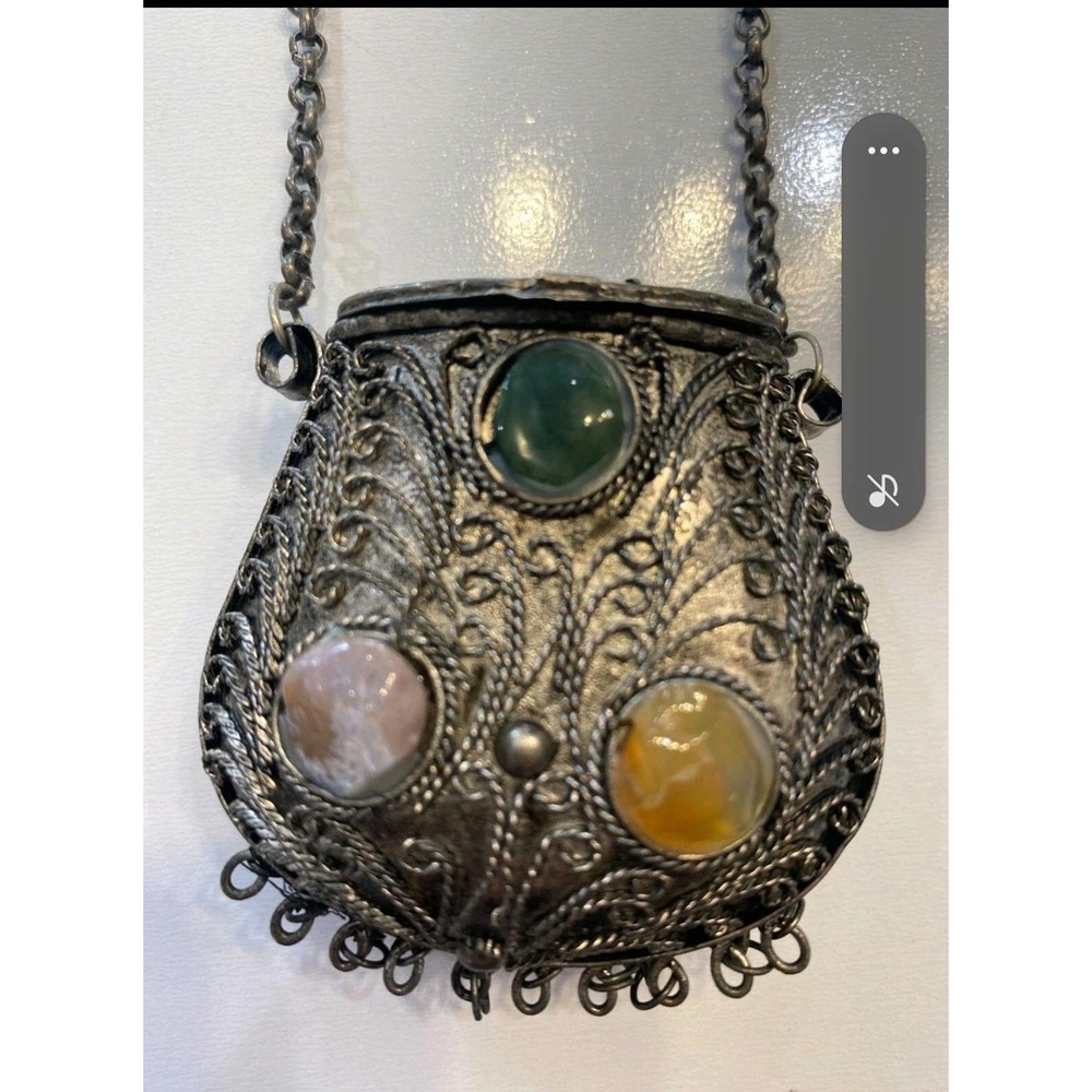 Vintage Small Silvertone Sajai Metal Purse / Necklace Agate Multicolor Stones